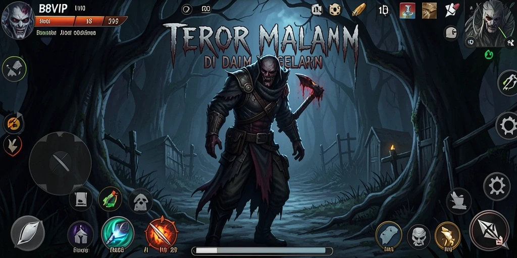 Screenshot B8VIP menampilkan momen horor yang menegangkan di lokasi gelap.