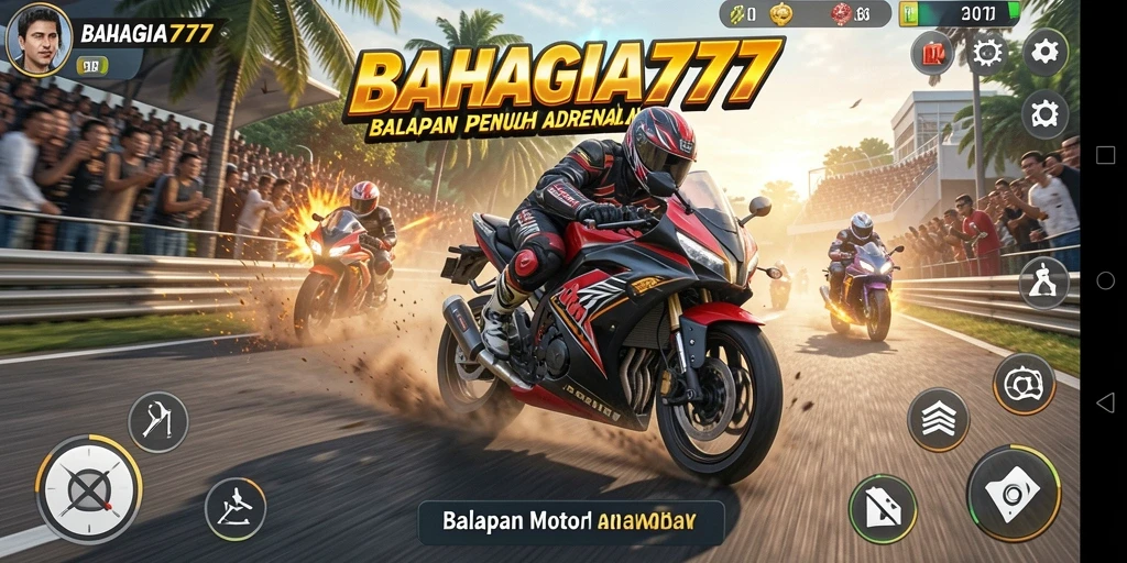 Tampilan gameplay seru di lintasan balap motor BAHAGIA777.