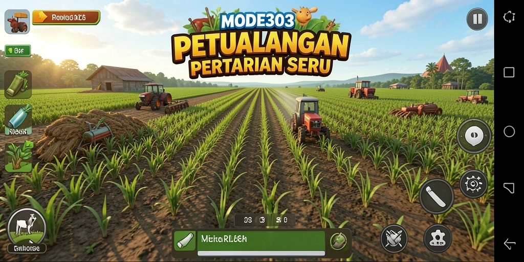 Tampilan layar permainan MODE303 yang menunjukkan ladang subur dan aktif.