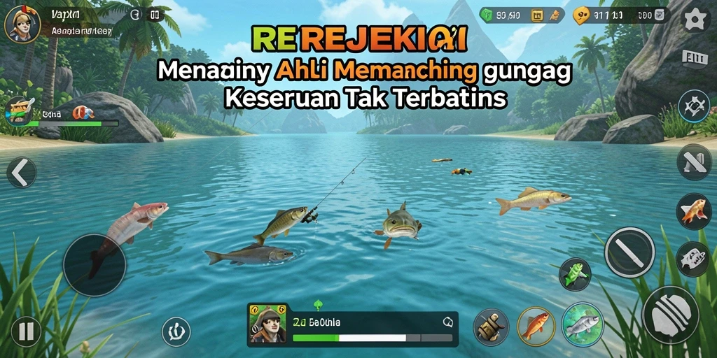 Screenshot menampilkan gameplay seru saat memancing di laut yang luas.